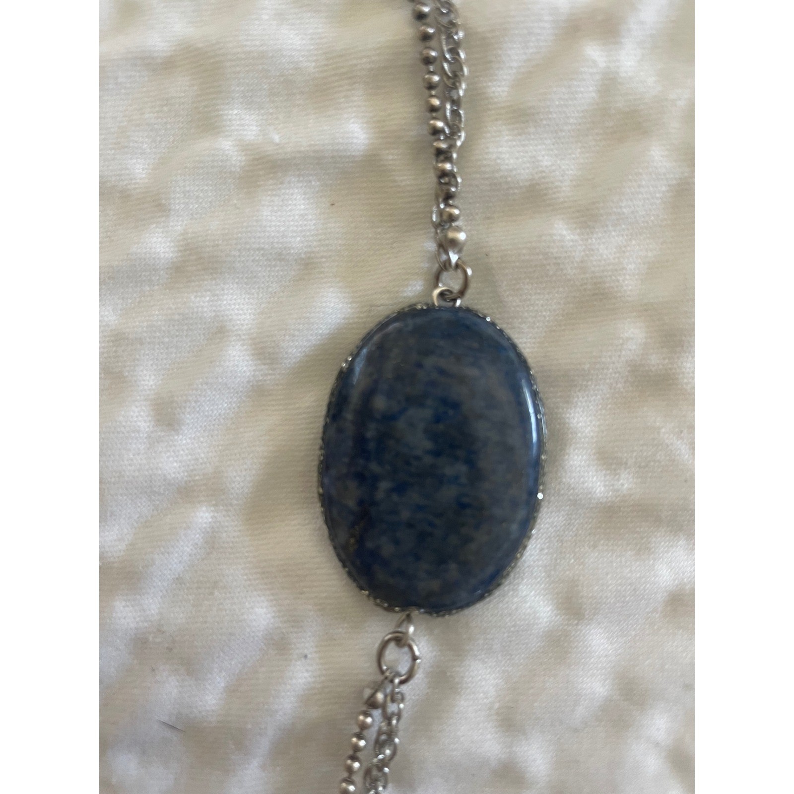 Chico’s Blue Accent Long Single Strand Necklace Sodalite Stone Silvertone 38″