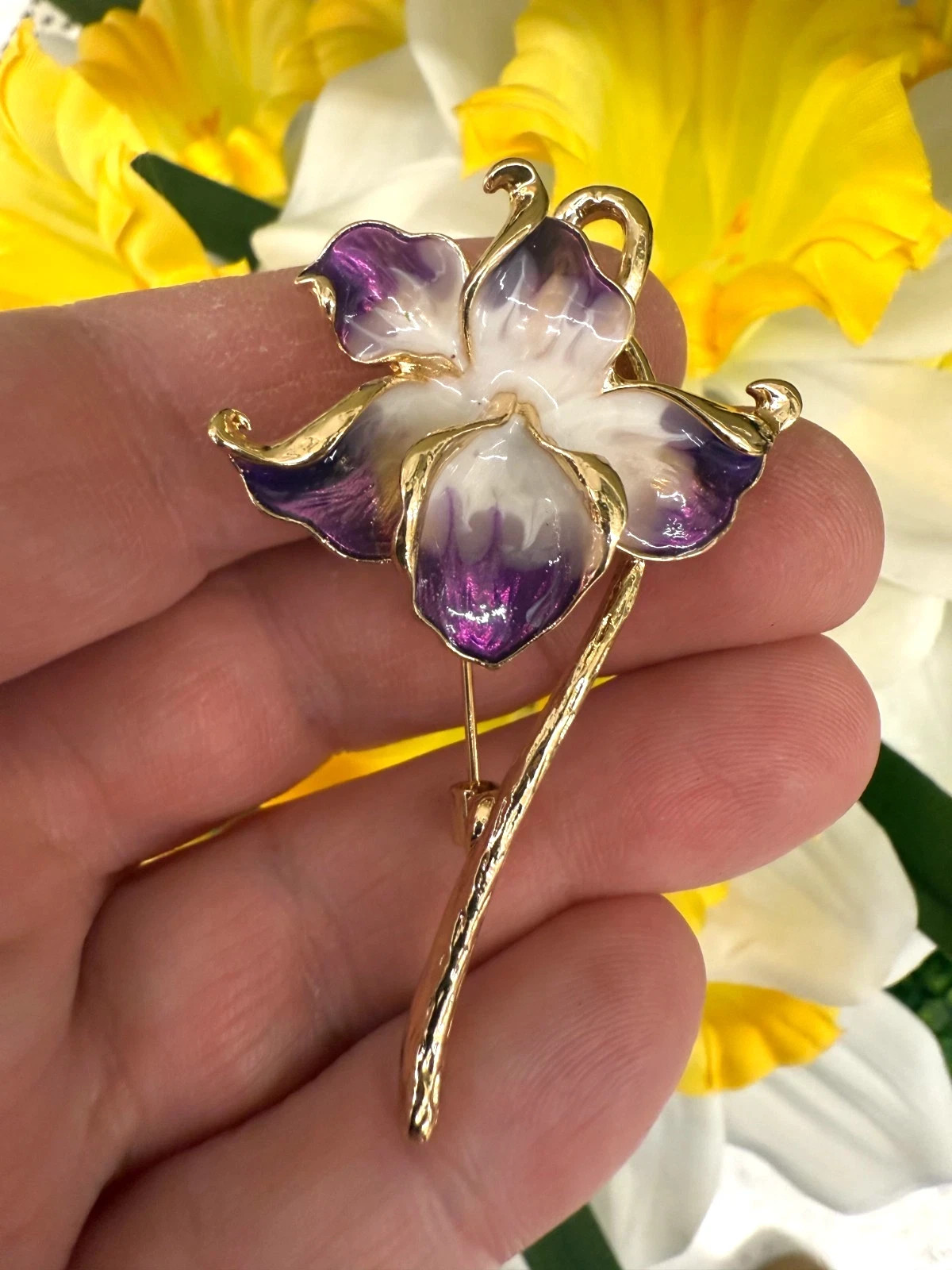 New Orchid Enamel Flower Brooch, 2.28-Inch, 14K Gold‑Plated Pin