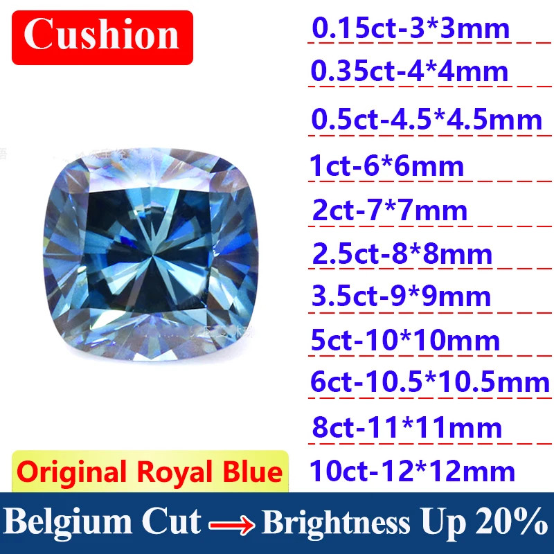 2-10CT Original Royal Blue Moissanite Stone Loose Moissanite Cushion Gemstones