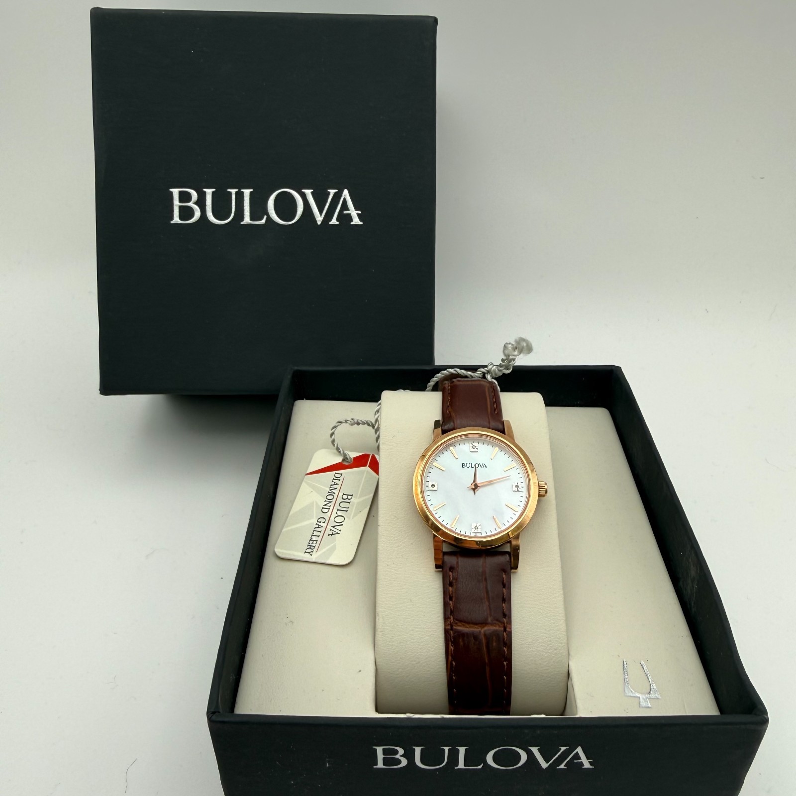 Bulova 97P105 Women’s Quartz Diamond Accents Gold Brown Leather 27mm Watch NEW