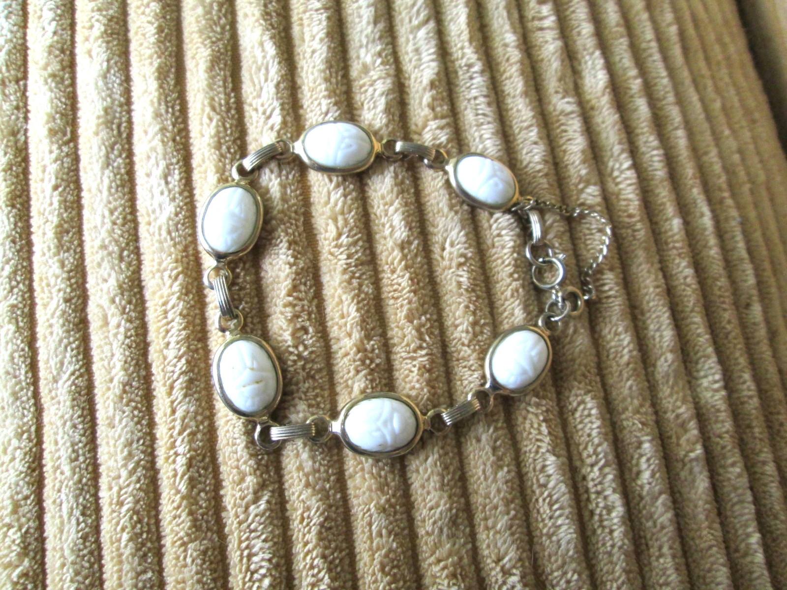 Vintage White Scarab Gold Tone Statement 7 in Bracelet with safety chain