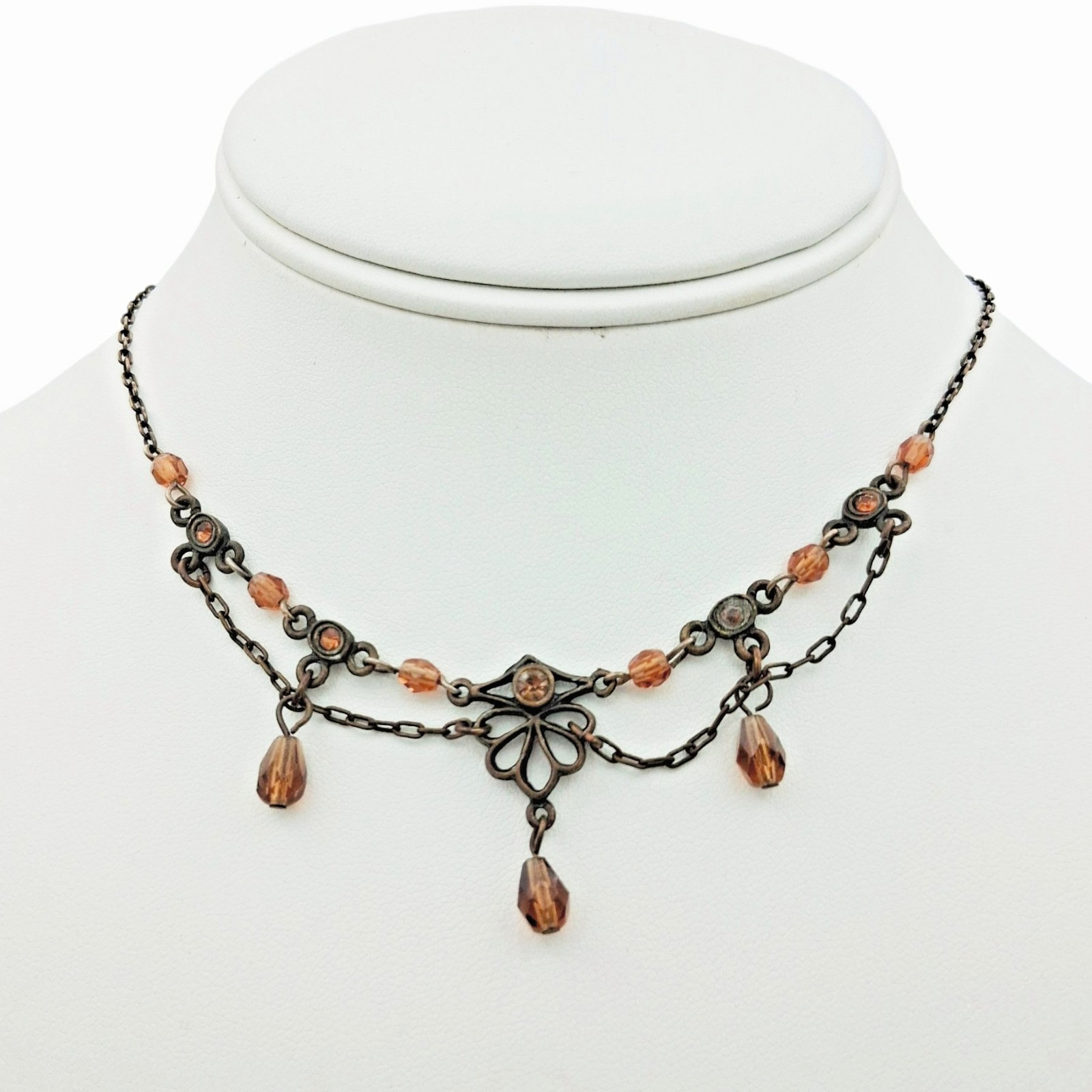 Robert Rose Victorian Style Necklace Amber Rhinestone Crystal Drops 14″ – 16.5″