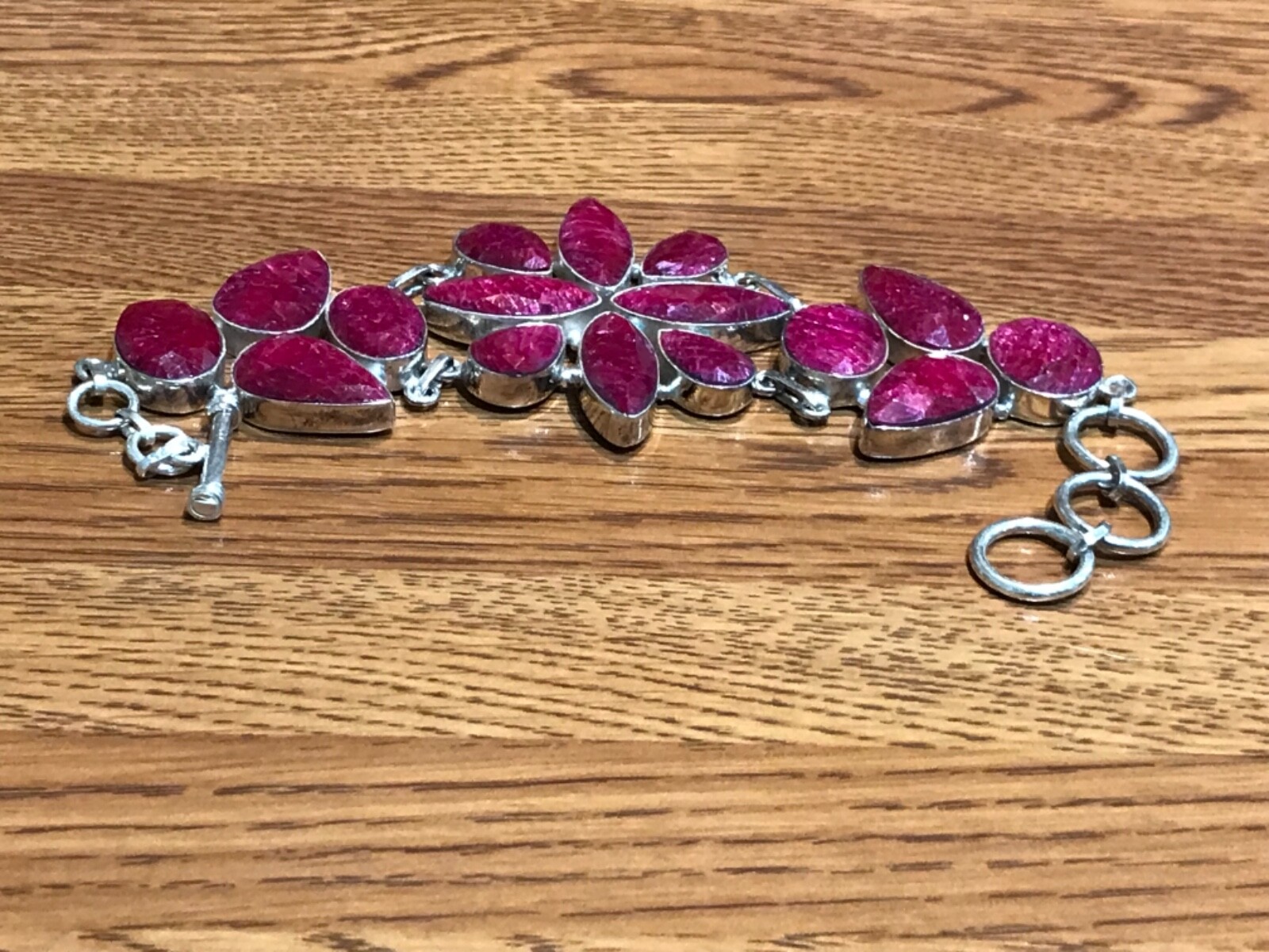 🔥925 STERLING SILVER HUGE LARGE RAW CHERRY RUBIES CHUNKY BRACELET WOMEN 8 in
