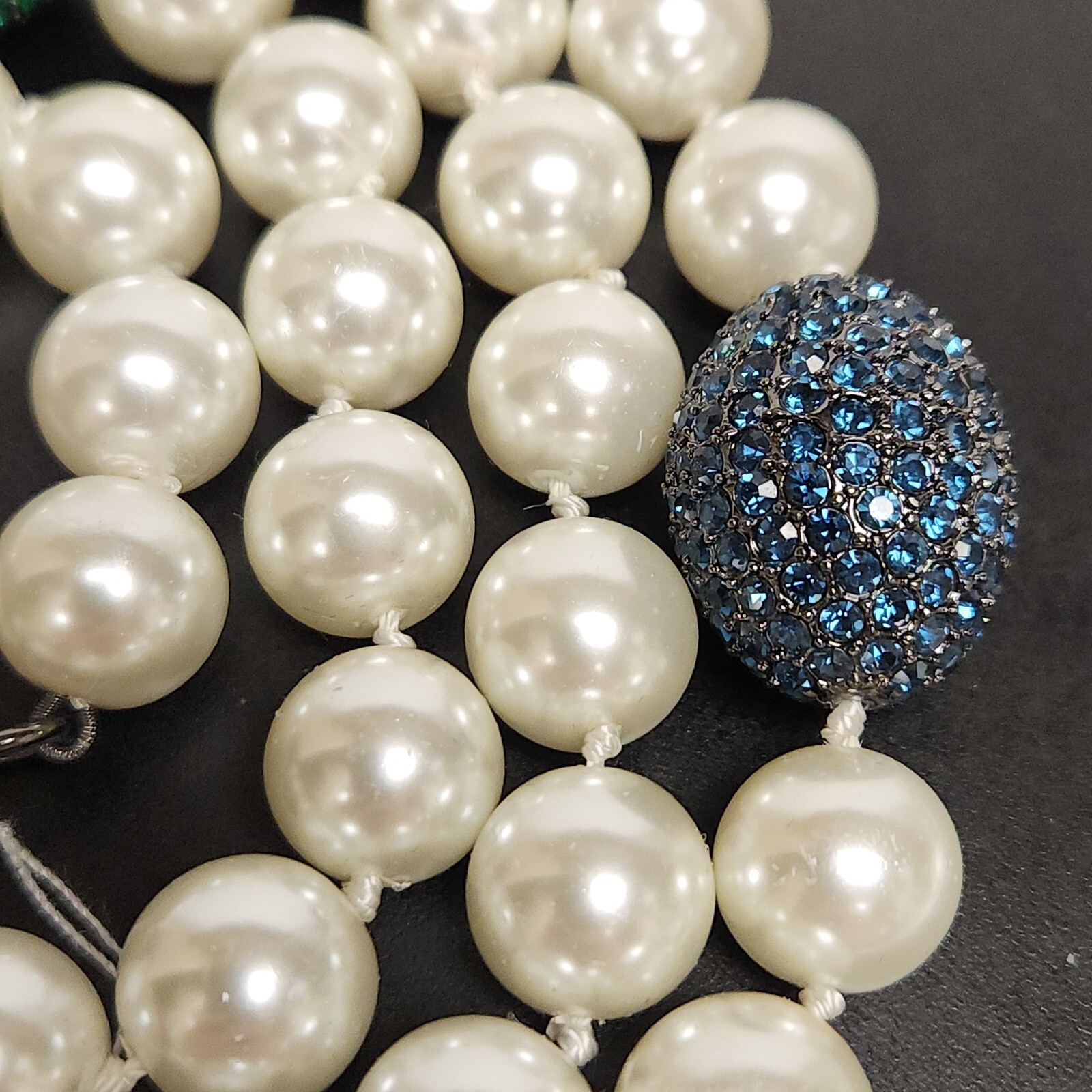 NWT Joan Boyce Faux Pearl Egg Shape Pave Set Rhinestone Spacer Long Necklace 44″
