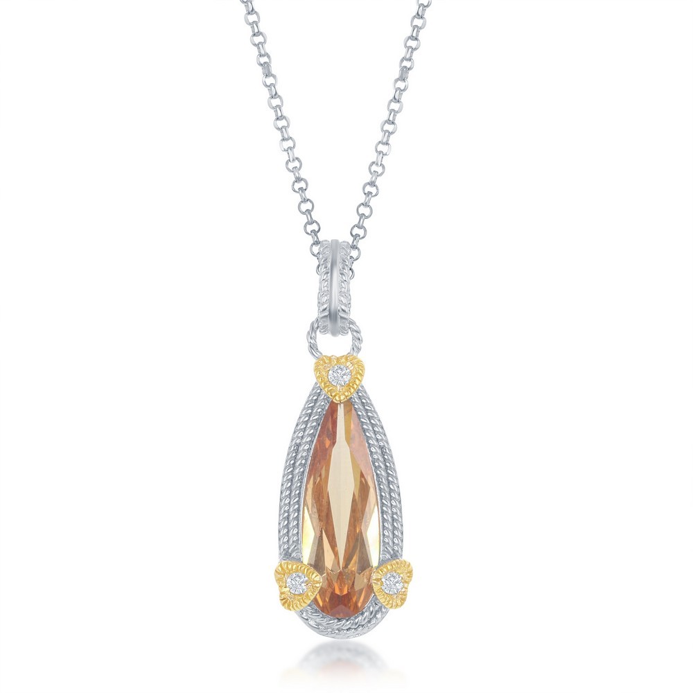 Sterling Silver Champagne Tear Drop Shaped w/3 Hearts CZ Pendant Rhodium Plated
