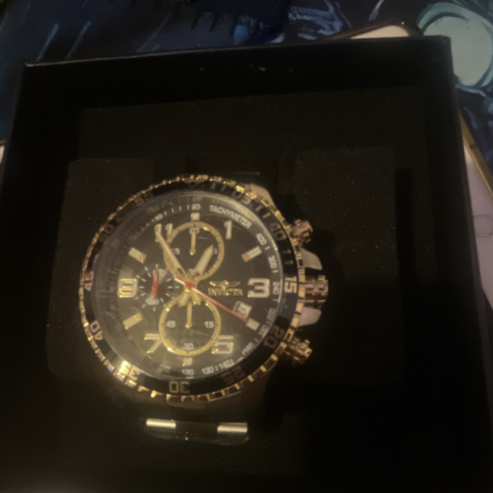 Invicta Men’s Quartz Chronograph Tachymeter Black/Gold Dial SS Bracelet 100m Box