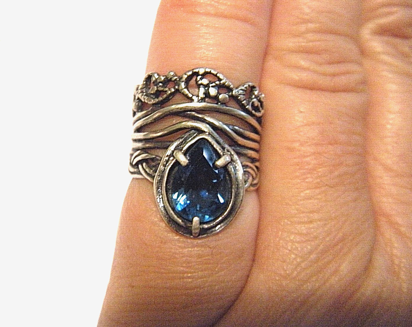 Aquamarine Tear Drop PZ Paz Creations Sterling Silver Brutalist Israel Ring 5.5