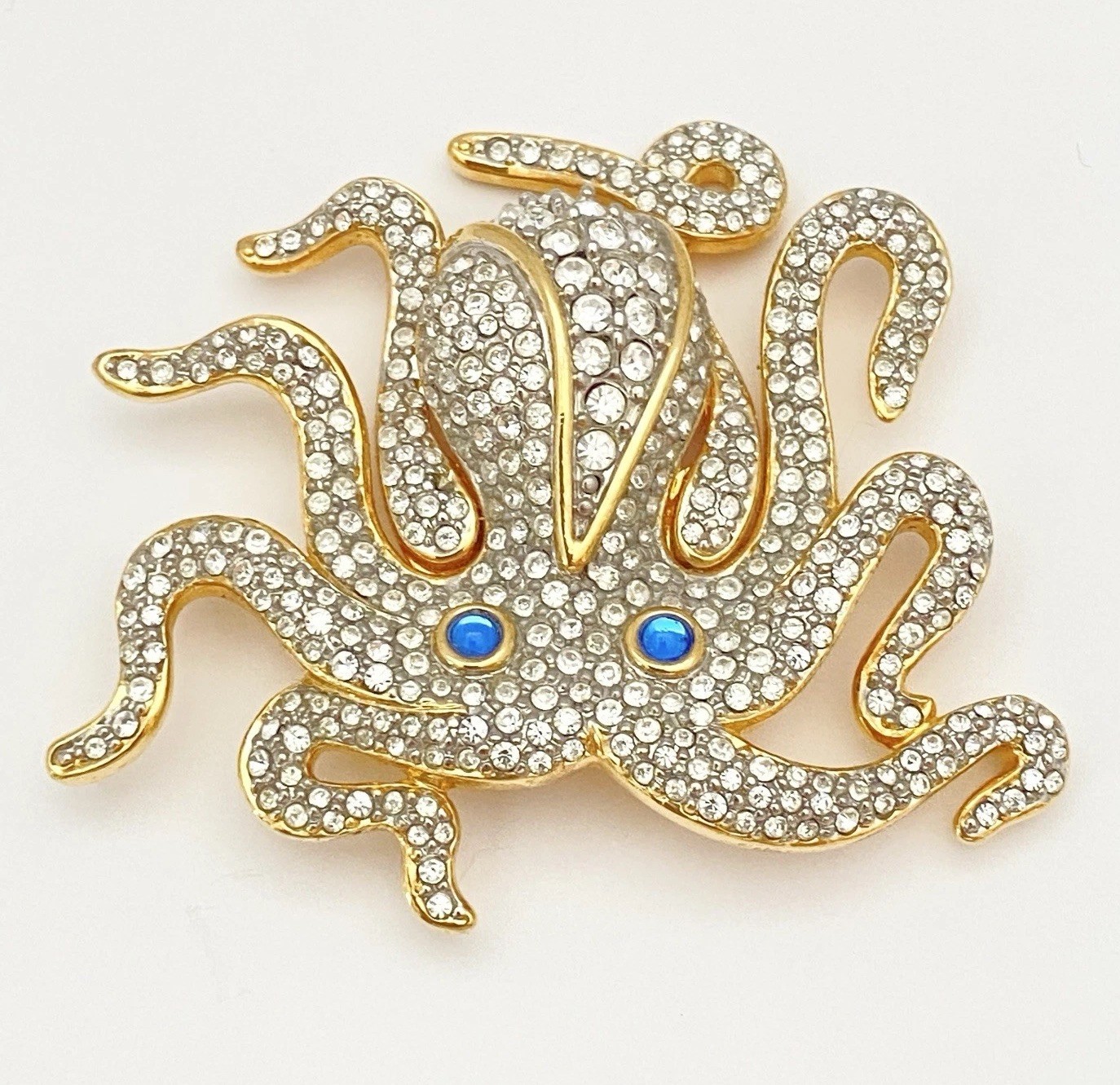 Vintage Swarovski 22K Gold Plated Swan Signed Crystal Octopus Kraken Brooch Pin