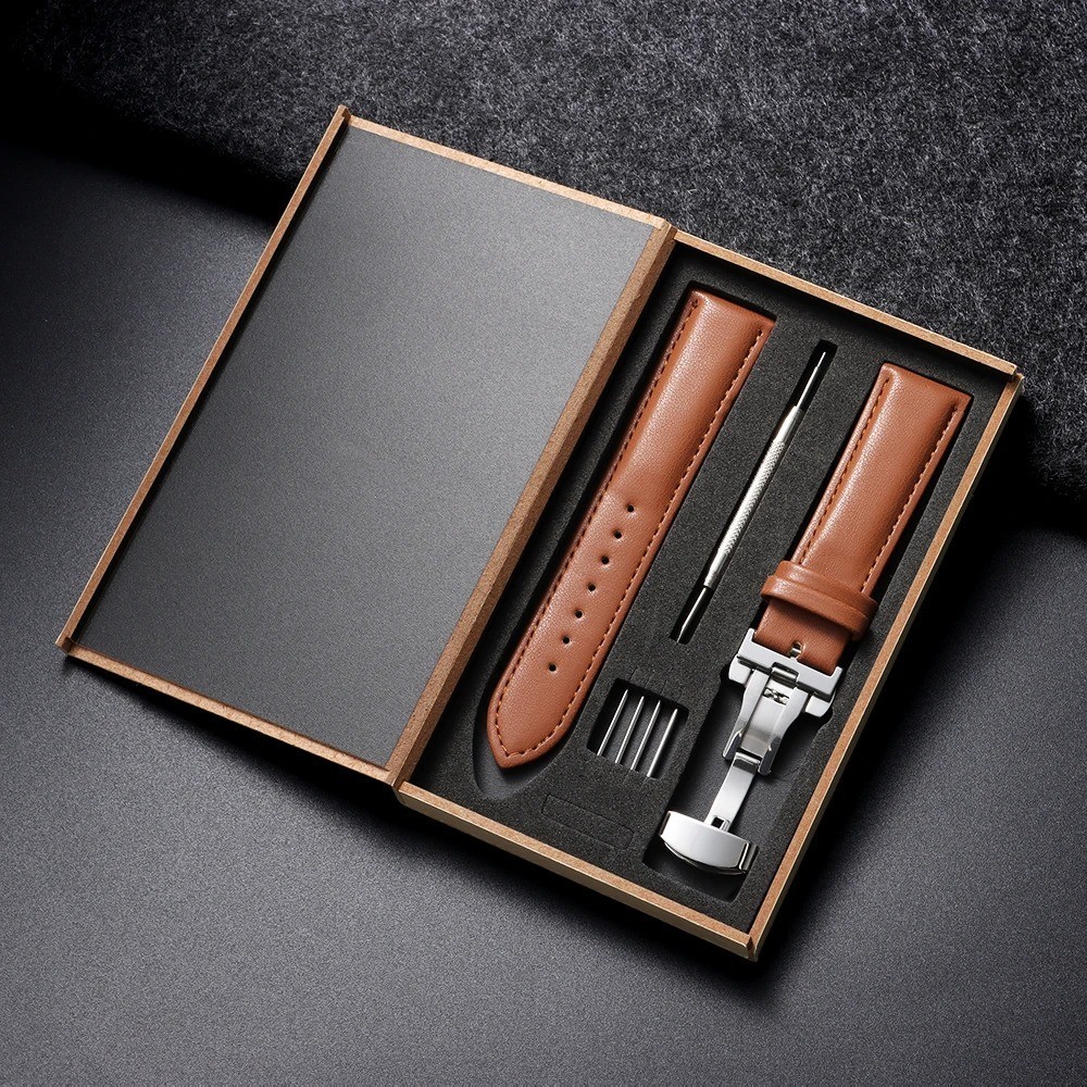 Genuine Leather Strap Watchband with Box Butterfly Clasp Universal Men’s Women