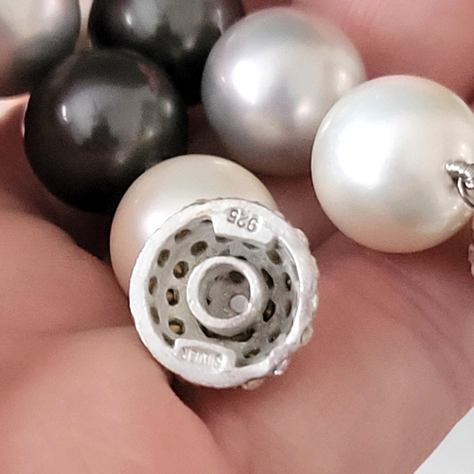 Faux Pearl Bracelet Black Gray White w/ 925 Sterling Silver Clasp + Stones NWOT