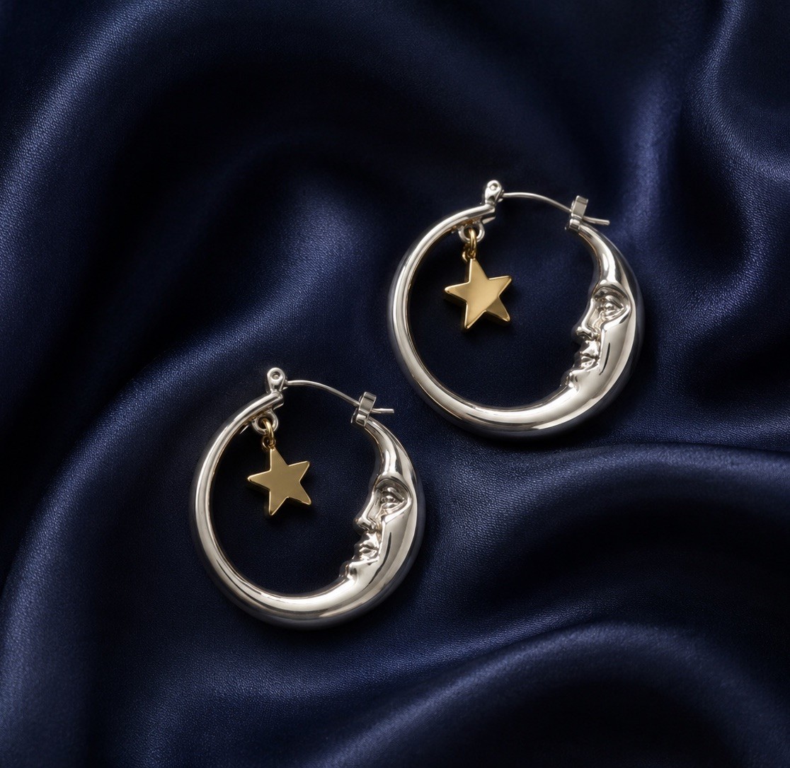 Anthropologie Hoop Crescent Moon Star Earrings Gold Silver Face Celestial Gold