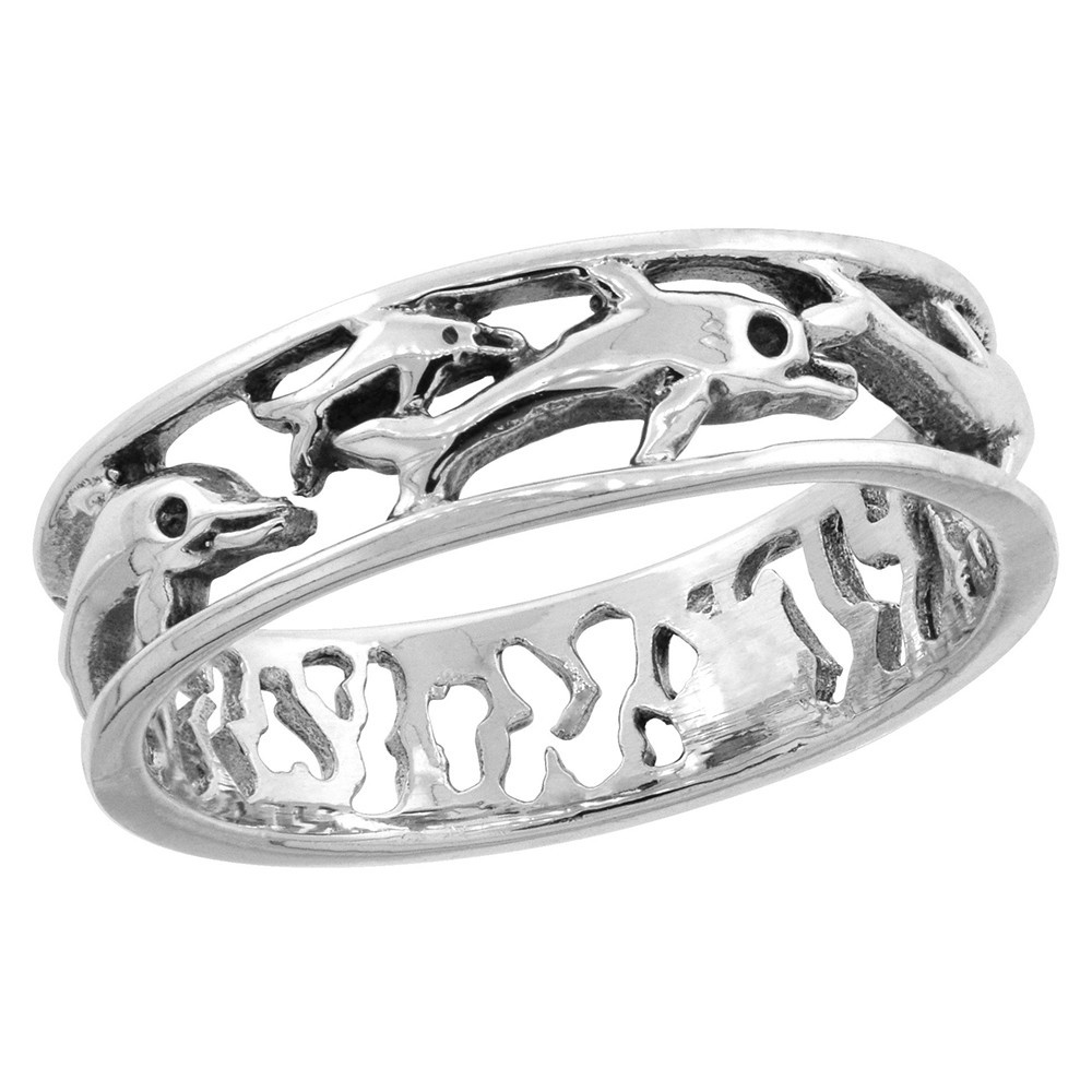 925 Sterling Silver Thin Dolphin Pattern Ring for Women 1/4 Inch (6mm) Wide