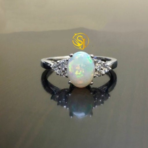 Oval Cut Opal Diamond Ring, 925 Sterling Silver Statement Ring