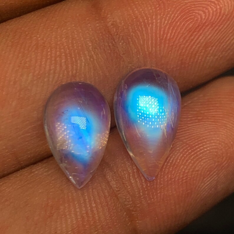 AAAAAA Quality Rainbow Moonstone Blue Fire Pear Shape Cabochon Size 9.5×14-9X15