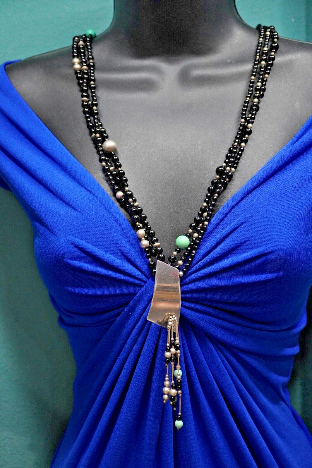 SUSAN CUMMINGS Sterling 3 Multi Strand Black Onyx Bead Necklace Pendant Signed