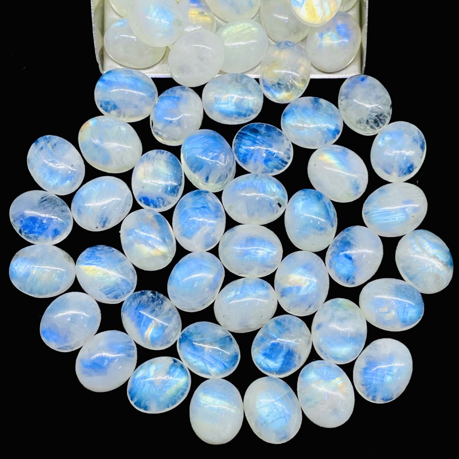 20 Pcs Natural Rainbow Moonstone 12x10mm Oval Blue Flash Cabochon Gemstones