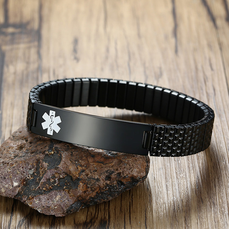 Men Medical Alert ID Spring Stretch Bracelet Armband Personalized Free Engraving