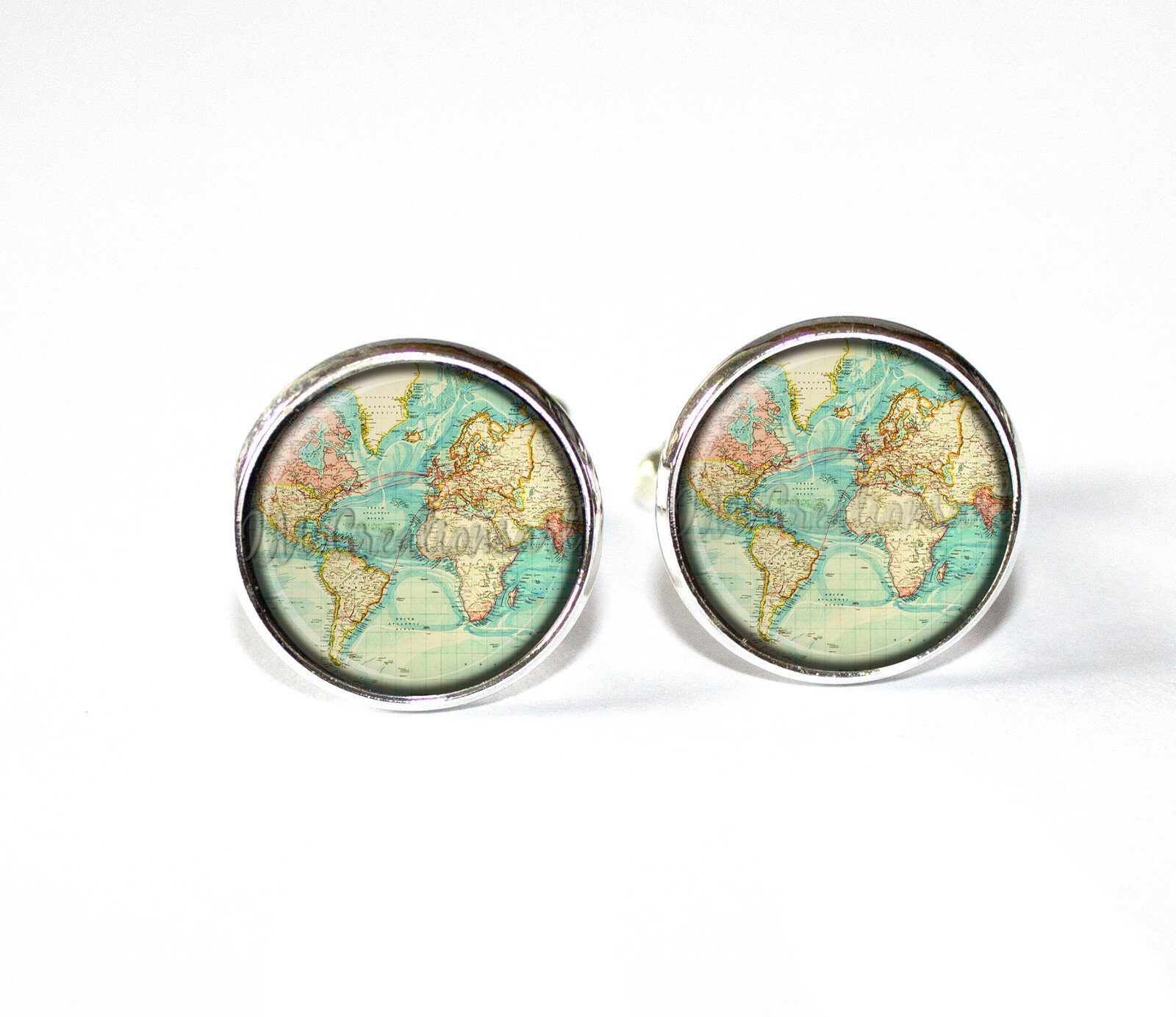 World Map for Travel Earth Lovers Handmade Cuff Links Round Glass Cufflinks Him