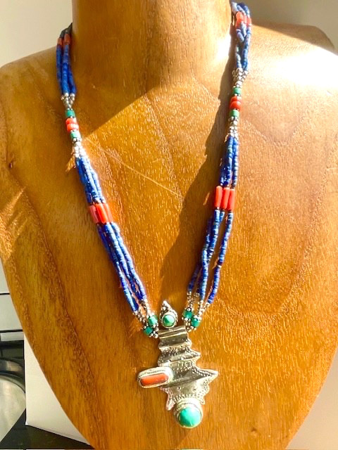 Vintage Sterling Nepalese Necklace Turquoise, Lapis Coral 17.0″ Length 24 gms