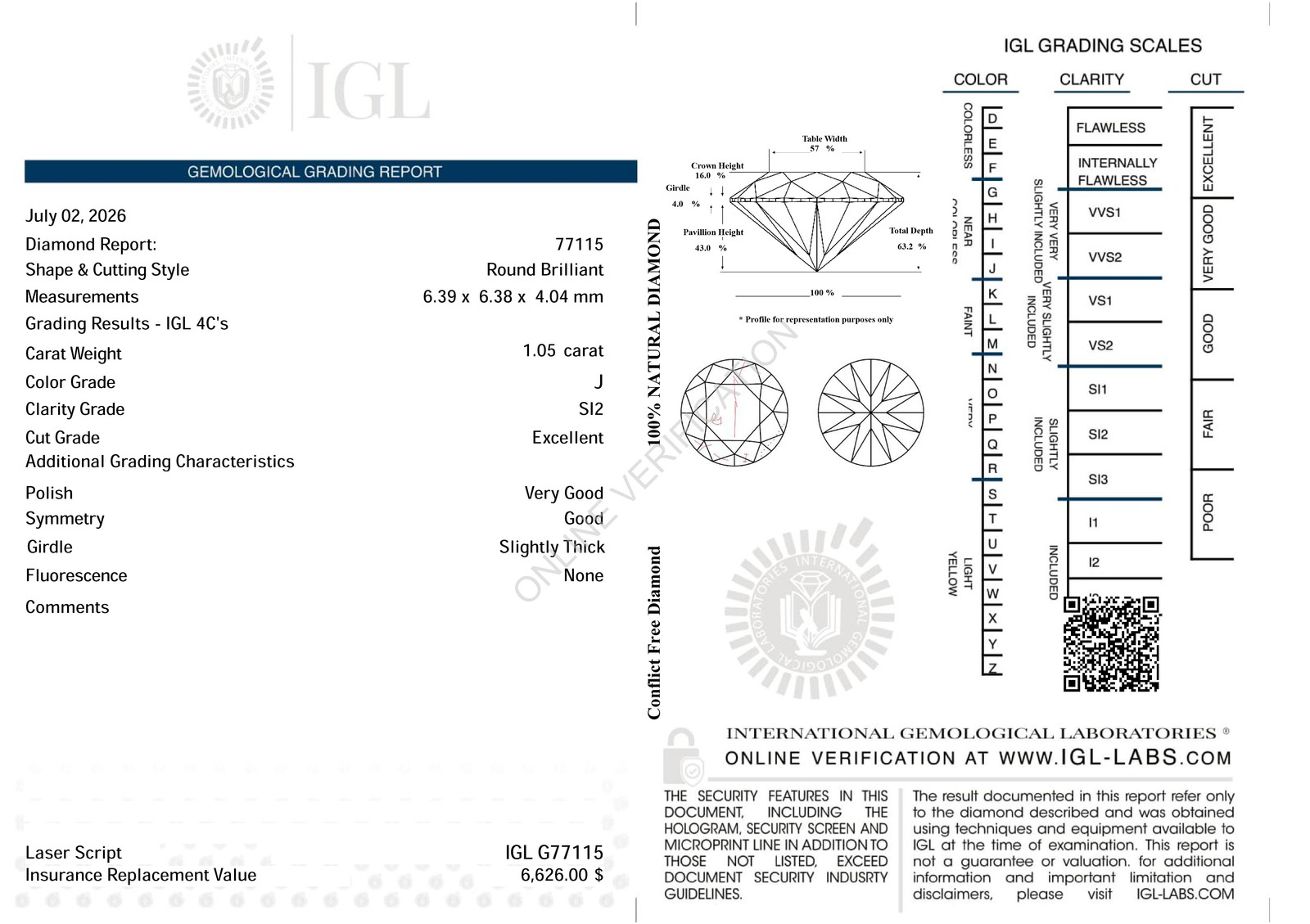 Certified 1.05 Carat J SI2 Round Brilliant Natural EARTH MINED Diamond 6.39mm