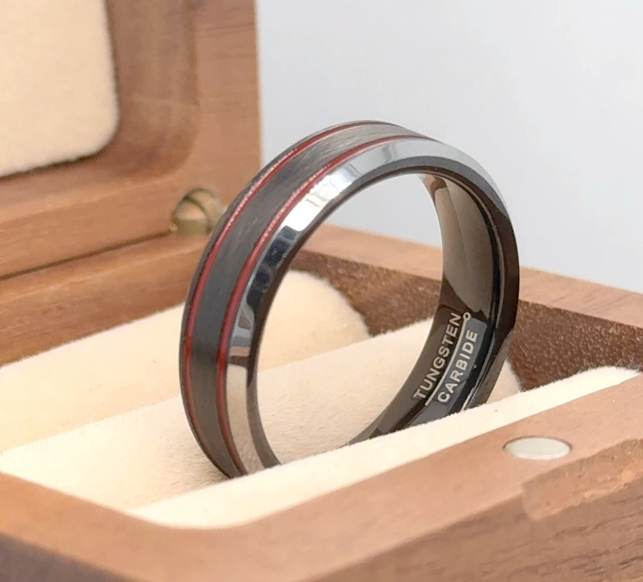 6mmBlack Tungsten With Red Striped Ring Stackable Comfort Fit Love Gifts Band