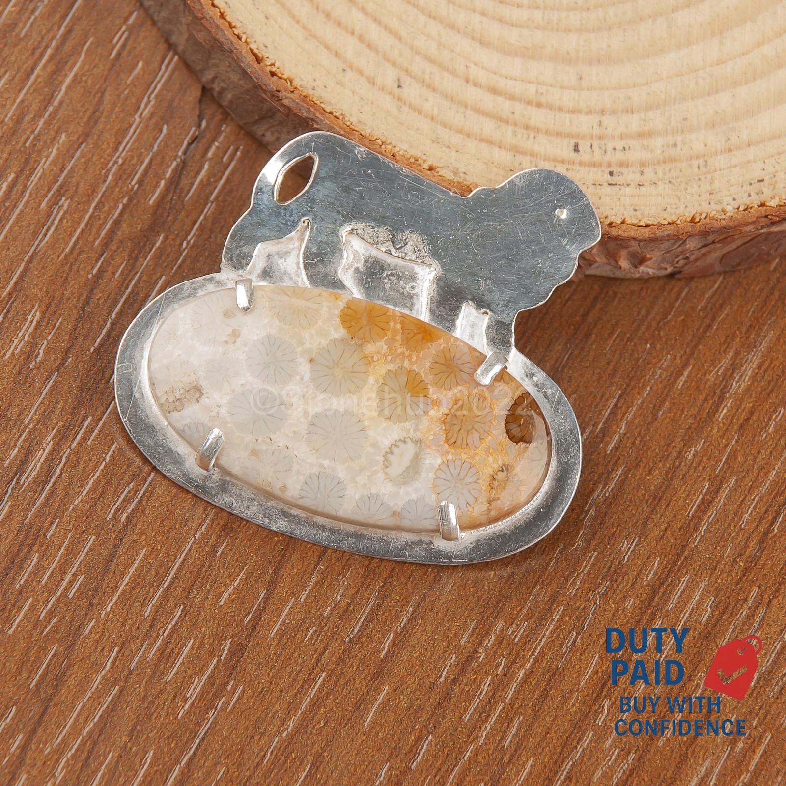 925 Sterling Silver OVAL Genuine Golden Fossil Coral Channel Set Wife Pendant