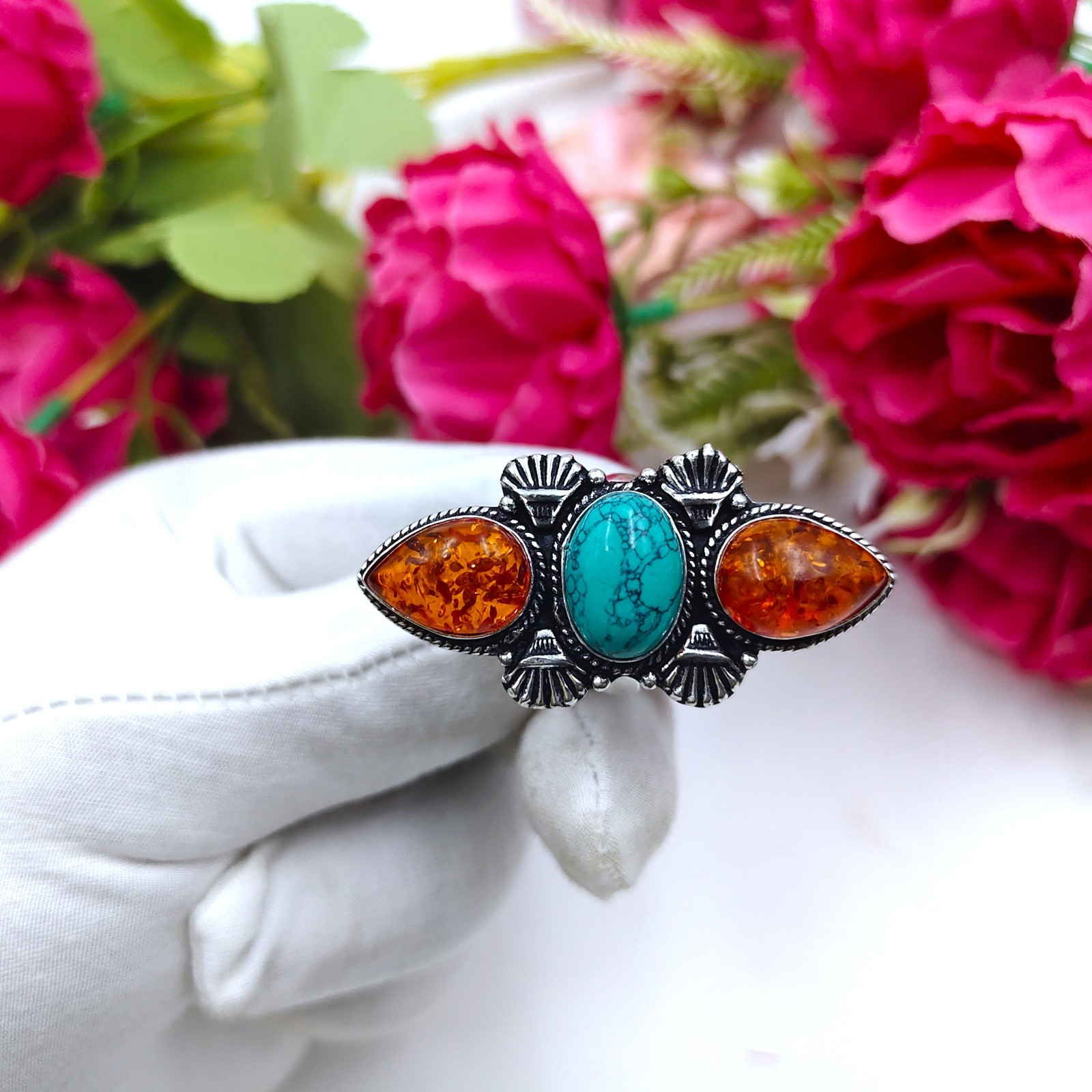 Baltic Amber&Turquoise Gemstone 925 Serling Silver Jewelry Ring All Size