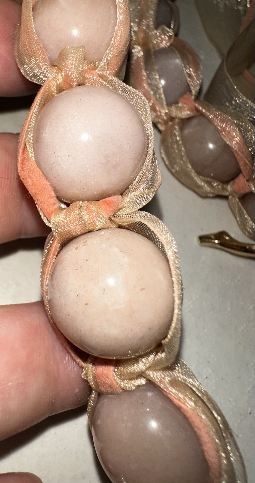 Simon Alcantara Wrapped Pink Quartz Bead Strand Statement Necklace Ribbon Suede