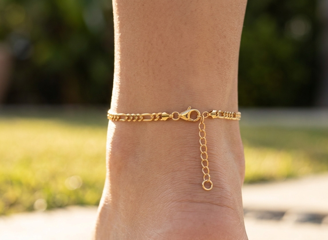 Elegant Figaro Chain Anklet | Minimalist Gold Plated Brass Anklet for Women