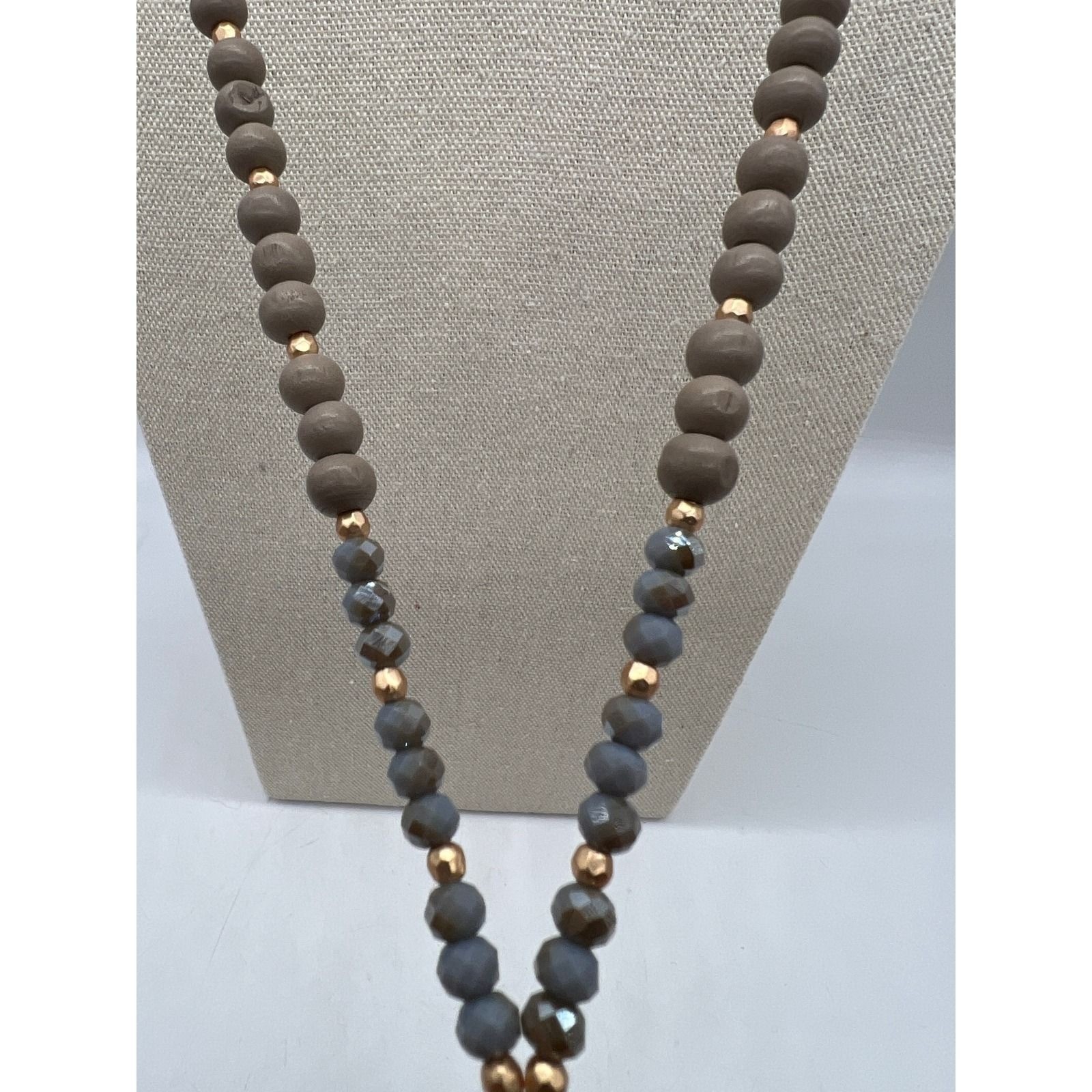Gray Agate Slice Tassel Pendant Necklace Boho Statement Long Beaded Gray Stone