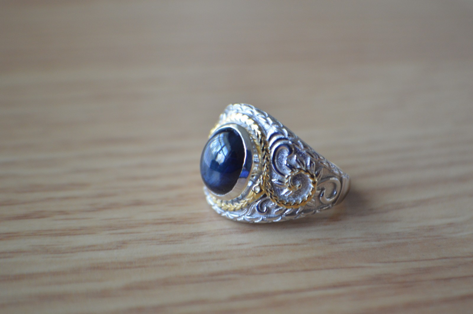 4.65ct Blue Star Sapphire Ring Rhodium & 18k YG Plated Over Fine Silver Size 7