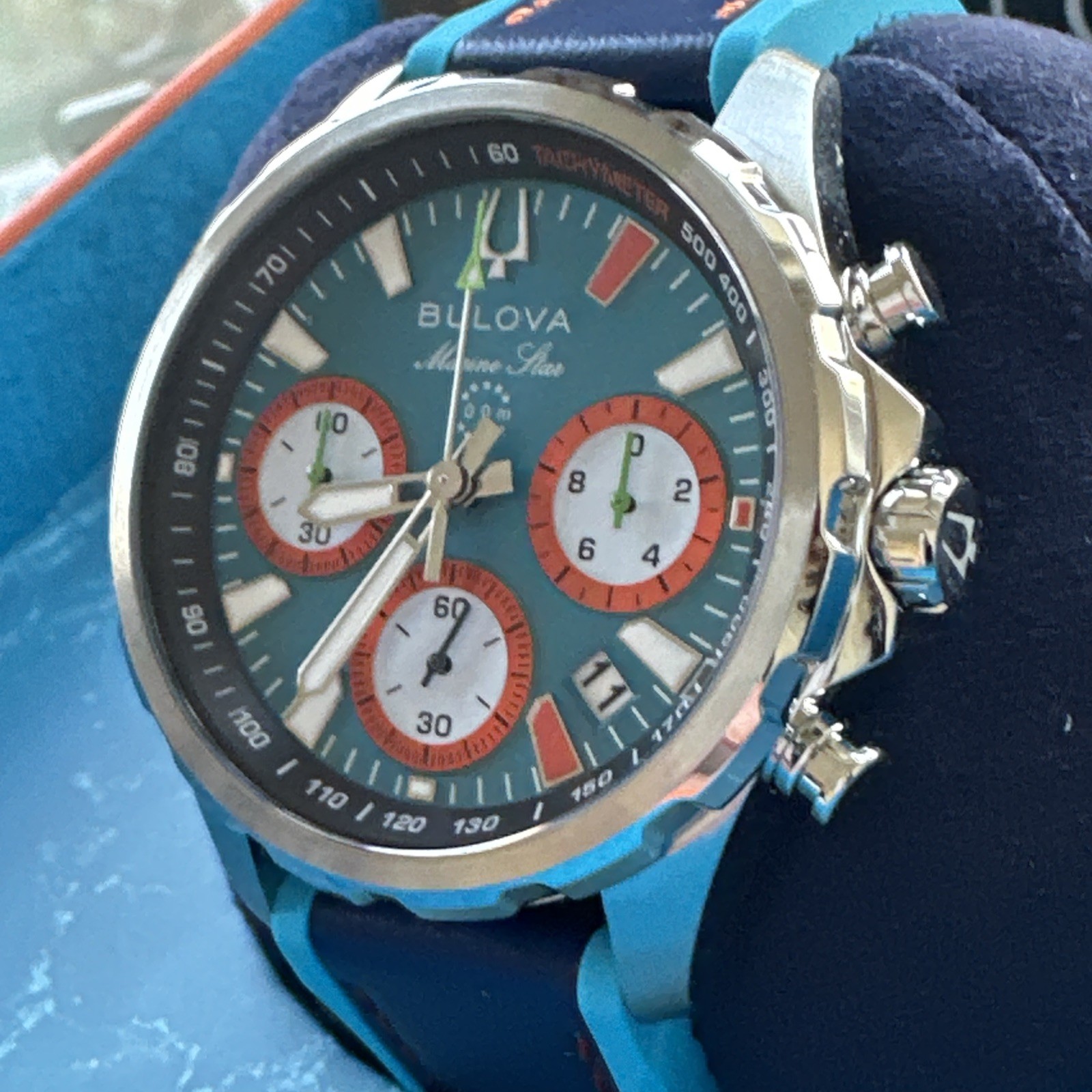 Bulova Men’s Marine Star Chronograph Small Second Quartz Blue Watch 43MM 96B460