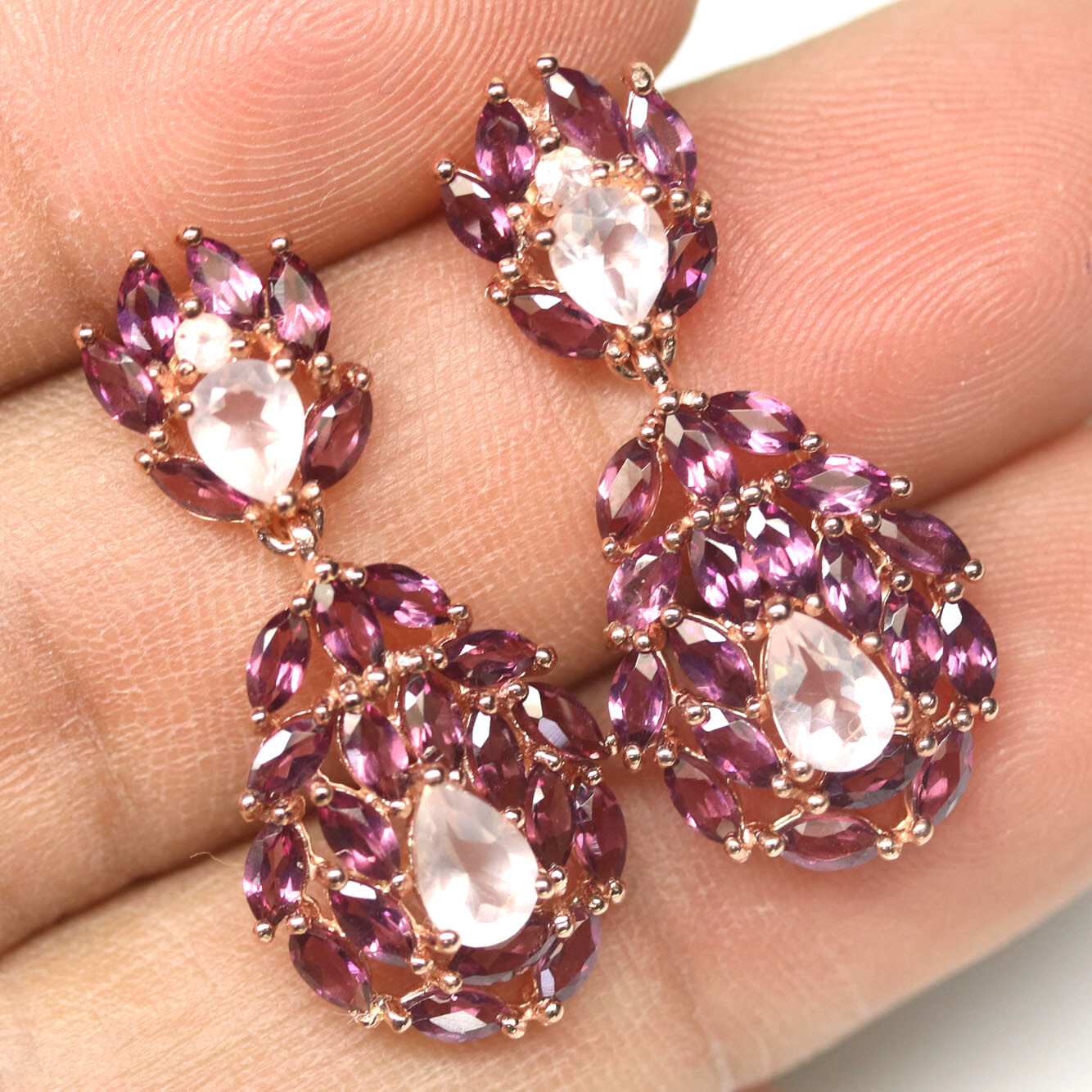 Gemstone Rose Quartz & Rhodolite Garnet Earrings 925 Silver Rose Gold