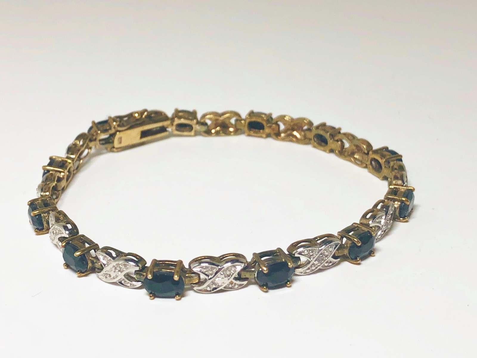 JJT Dark Navy Blue Tennis Bracelet Gold Vermeil Over 925 Silver Safety Lock 7″