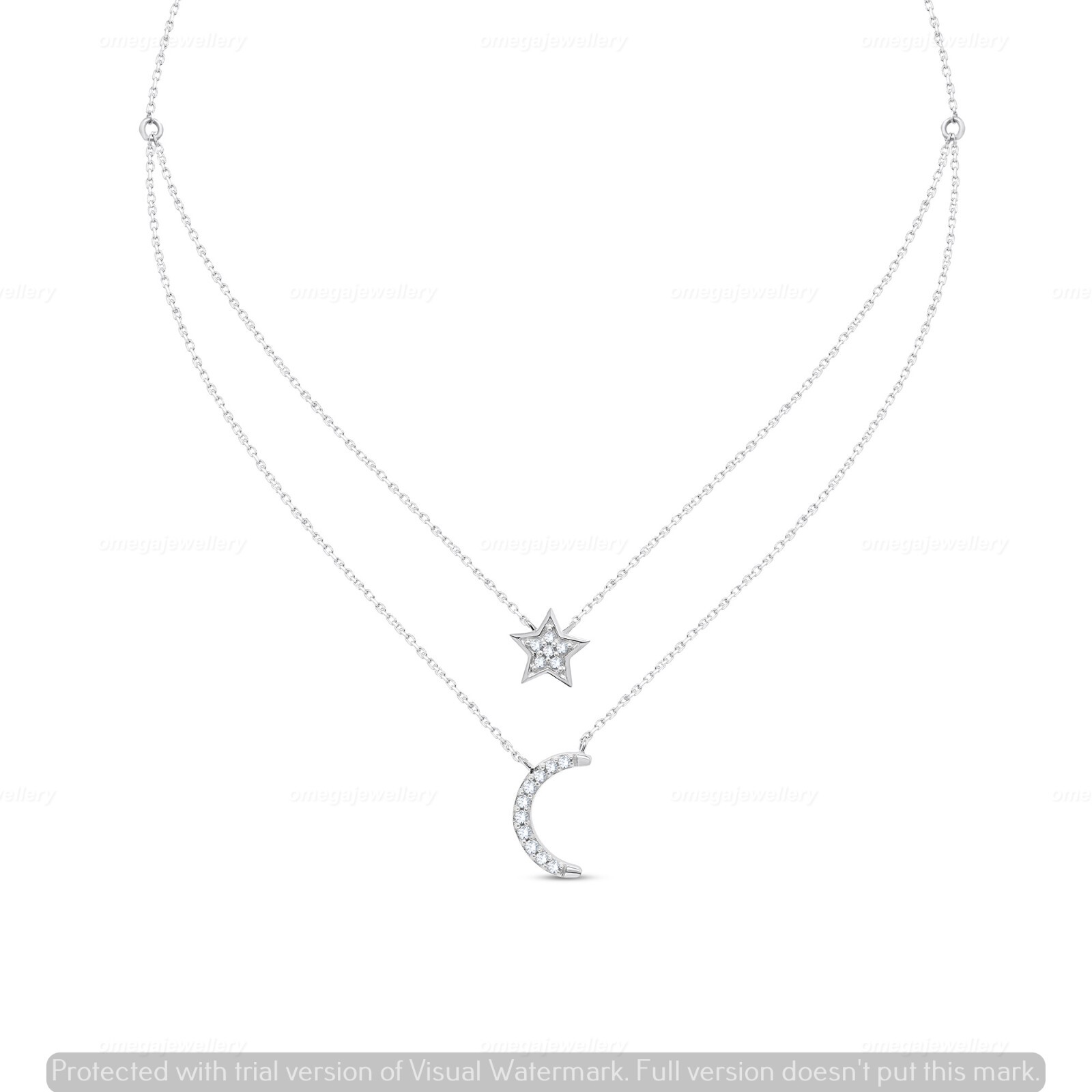0.10 Ct Natural I2 H Diamond Star & Moon Chain Necklace 14K White Gold 18″