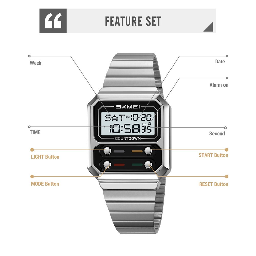 SKMEI Men Watch Rectangle Dial Steel Wristwatch Fashion Male Sport LED Watch