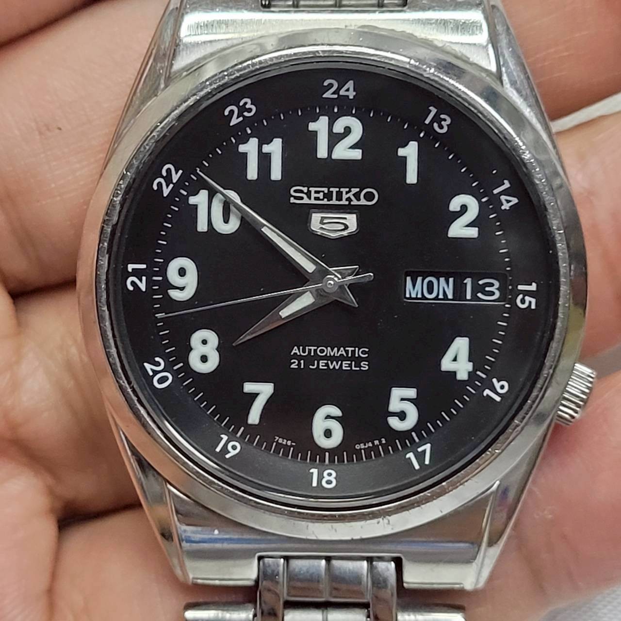 Vintage Seiko 5 Automatic SNK381K1 Military Black Dial Full Lume Numbers Watch