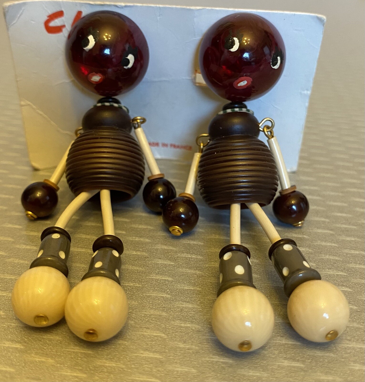 vintage French Celluloid Plastic Beaded Brown Girl Dangly Clip Paris Earrings 3″