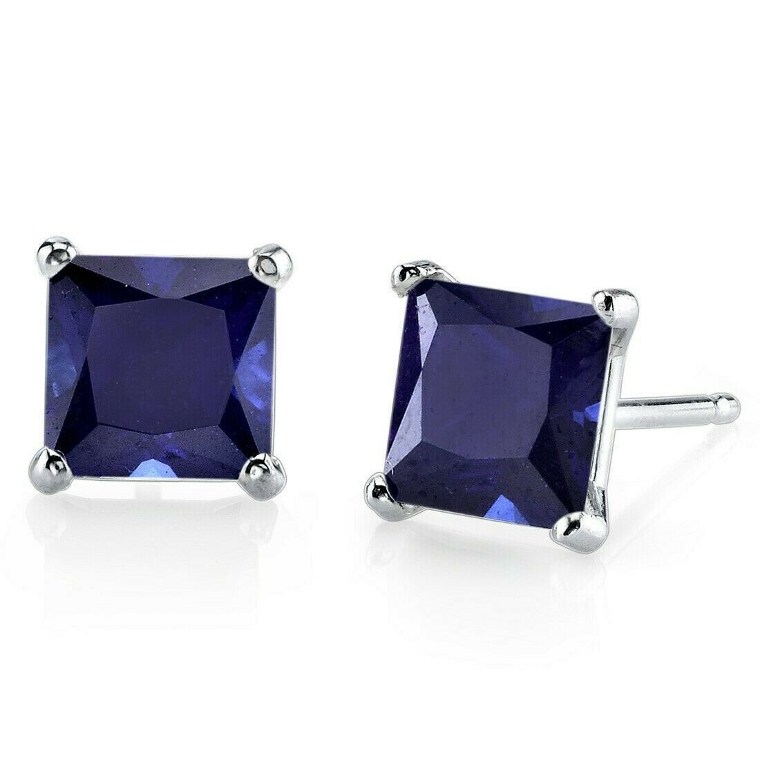 2.76 ct Princess Cut Lab-Created Blue Sapphire Stud Earrings in 14K White Gold