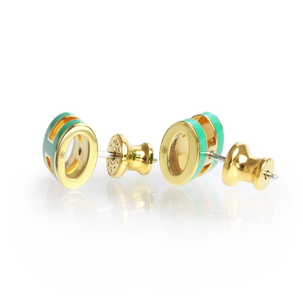 HERMES Mini Pop H Earings lacquered metal & Gold Plated , Malachite