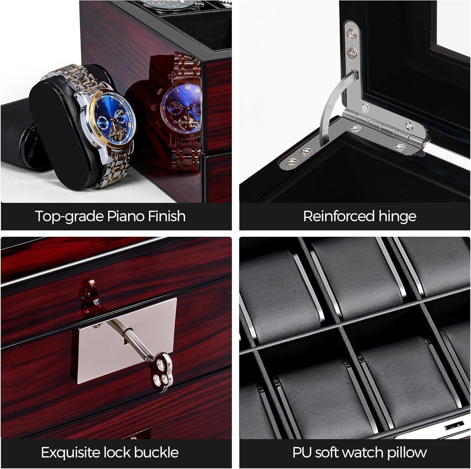 12 Slot Watch Cases with Glass Lid Lockable Organizer for Men, Synthetic Leather