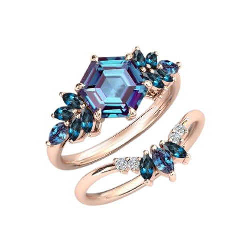 2Pcs Hexagon Cut 925 Silver Cluster Engagement Ring Set for Women (Alexandrite)