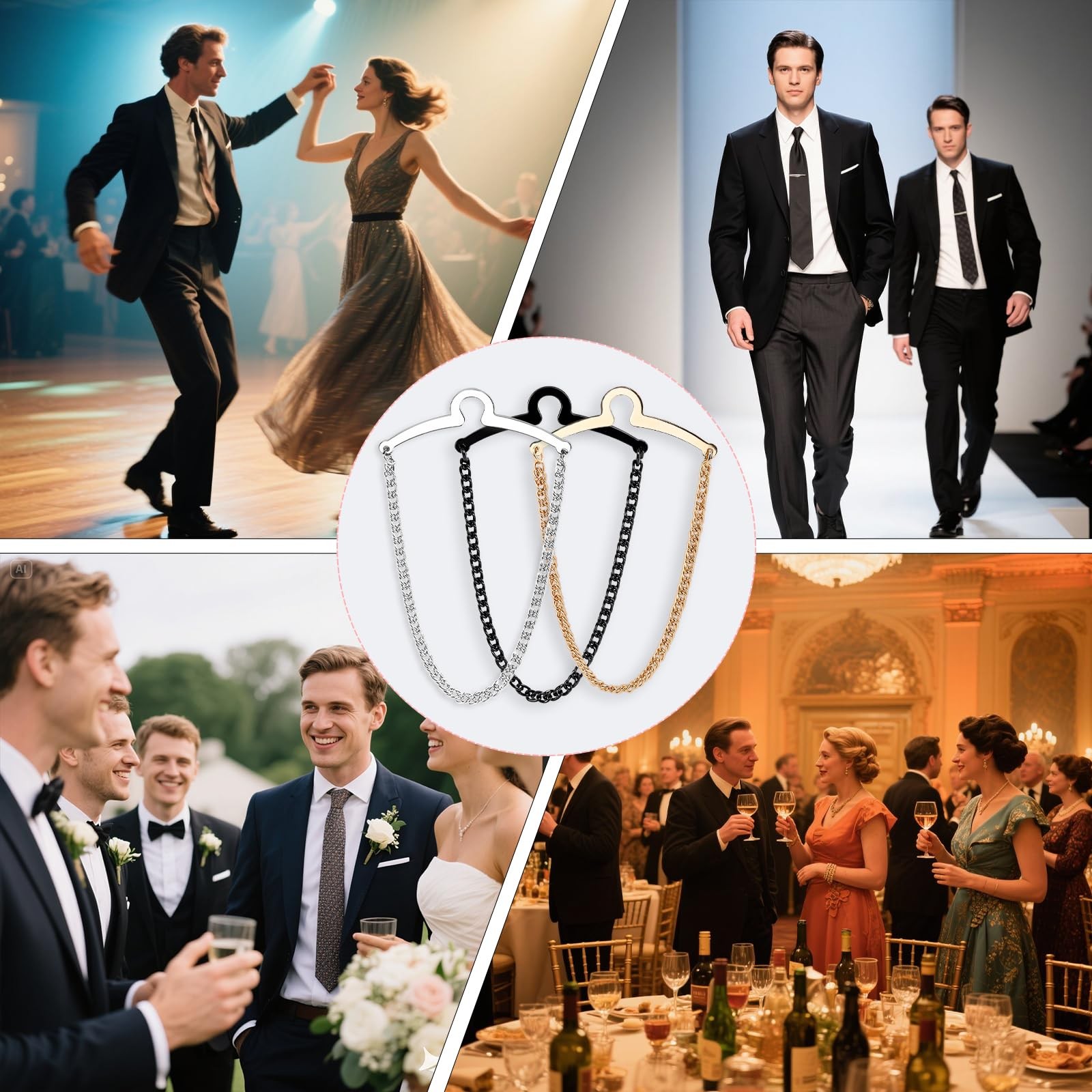 3 Packs Tie Chain for Men – Fashion Necktie Regular Size, Silver Gold Black