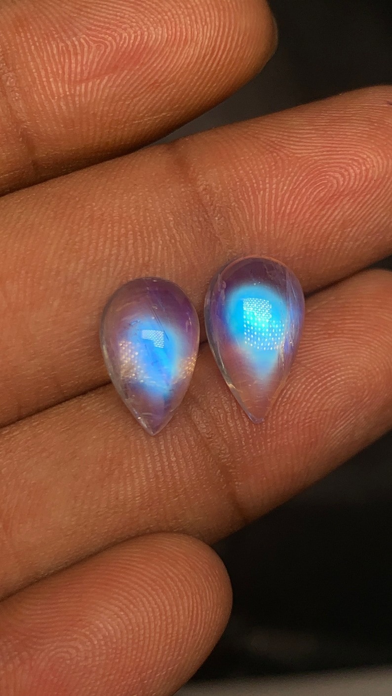 AAAAAA Quality Rainbow Moonstone Blue Fire Pear Shape Cabochon Size 9.5×14-9X15