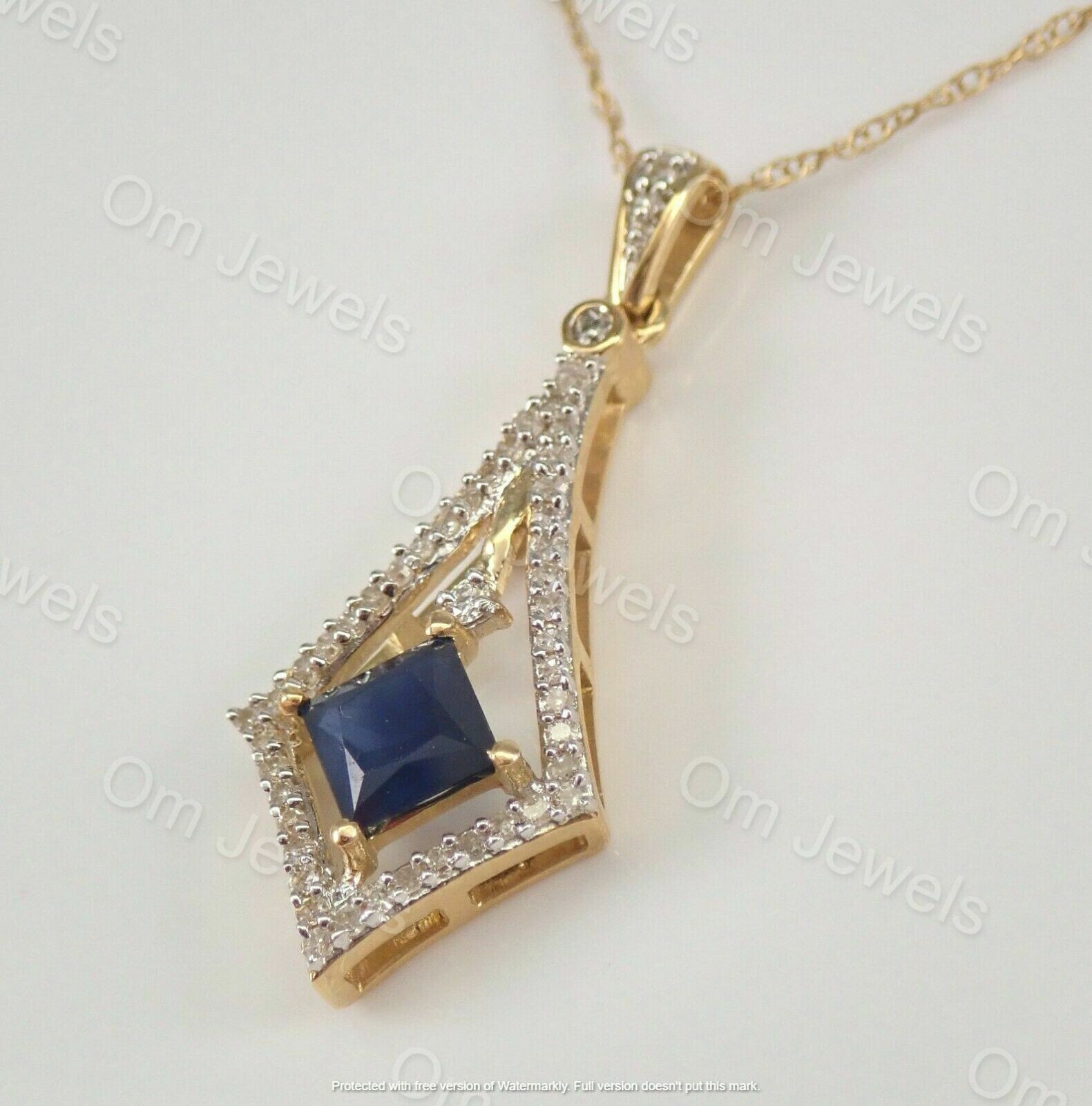 1Ct Princess Sapphire & Diamond Necklace Pendant 14K Yellow Gold Over 18″ Chain