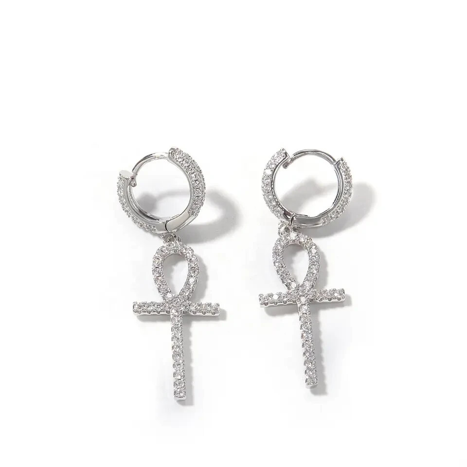 1 Ct Round Cut Natural Moissanite Ankh Cross Dangle Earrings 925 Sterling Silver