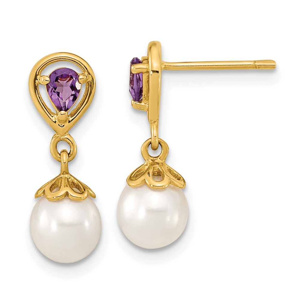 14k Yellow Gold 6-7mm White Round FWC Pearl Amethyst Drop and Dangle Earrings