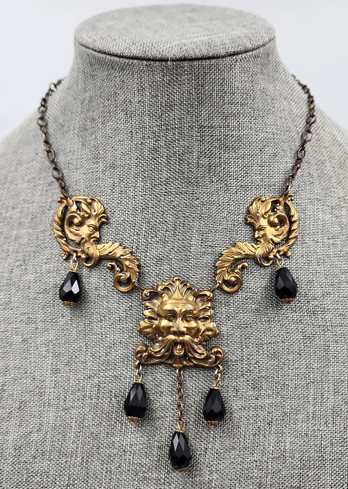 Green Man Art Nouveau Style Stamped Brass Necklace Jet Black Faceted Beads 18″
