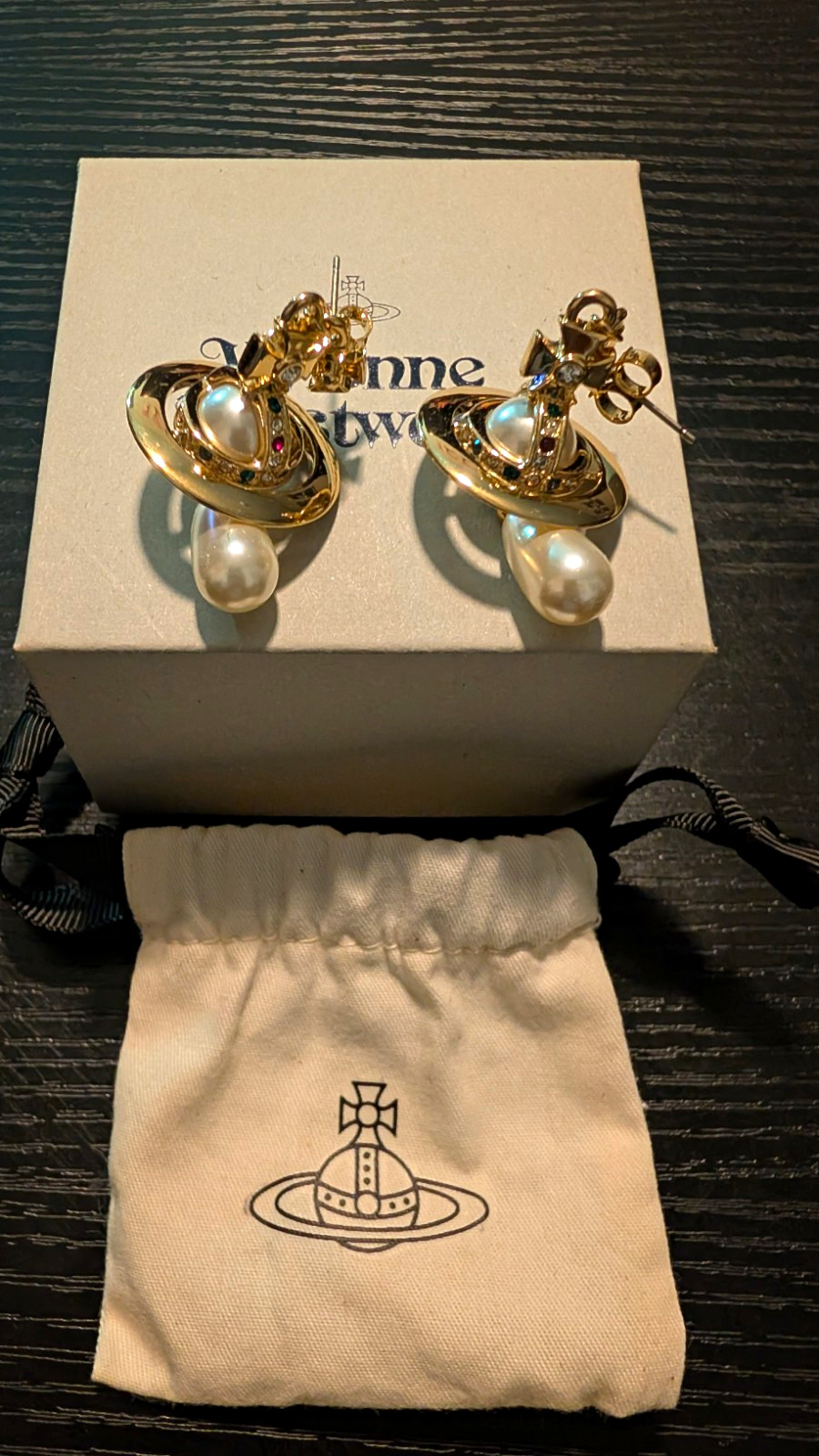 Vivienne Westwood Gold-Tone Orb Saturn Pearl Drop Earrings w/ Box