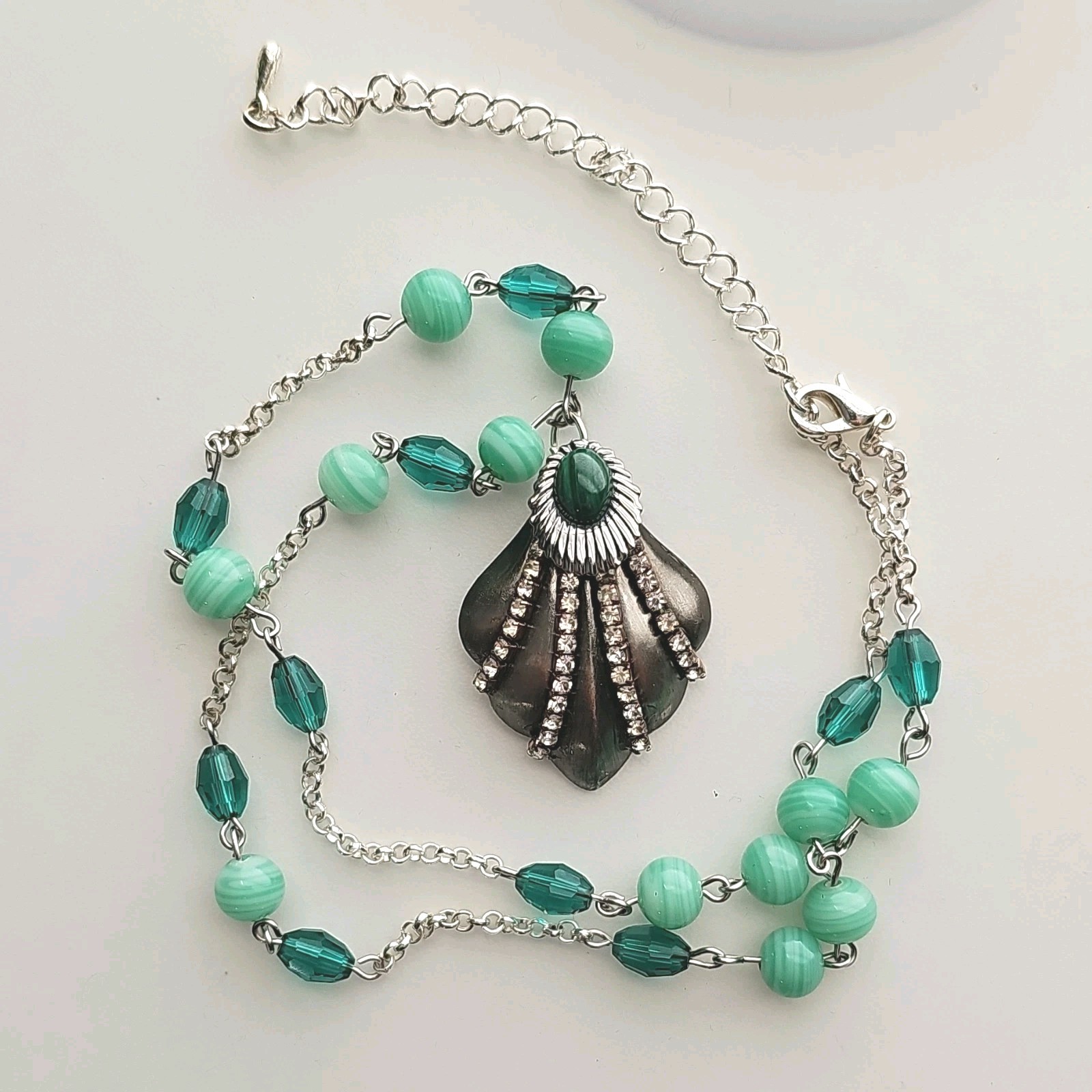 Assemblage Necklace Vintage Czech Glass Beads Malachite Cab Pendant Silver Tone